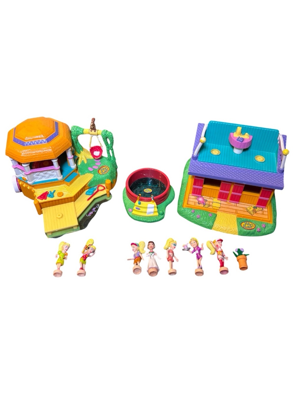 1998 Bluebird Polly Pocket Pony Ride House + Canoe Fun- Action Park + Figures